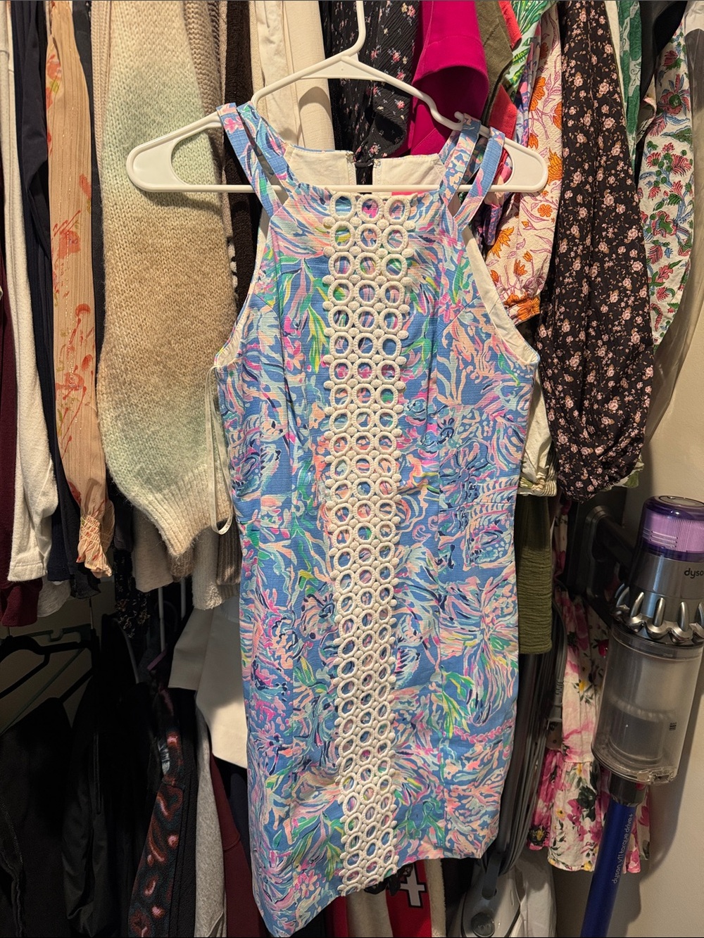 Lilly Pulitzer Blue Multicolor Floral Mini Dress with White Crochet Trim